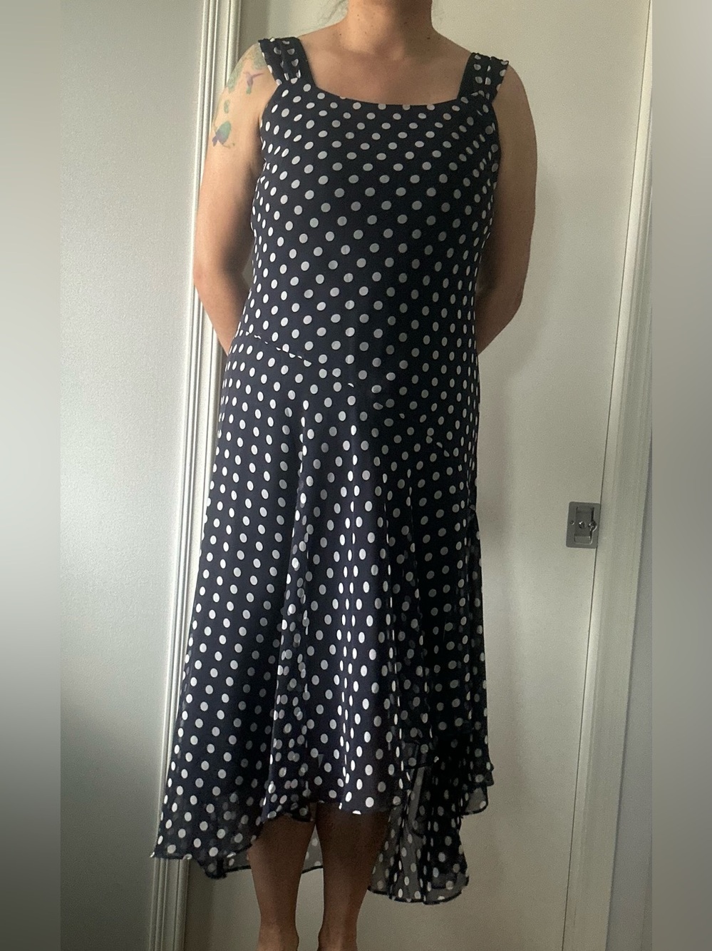 Leslie Belle Petite Vintage Navy Blue Polka Dot Asymmetric Flared Bottom Dress